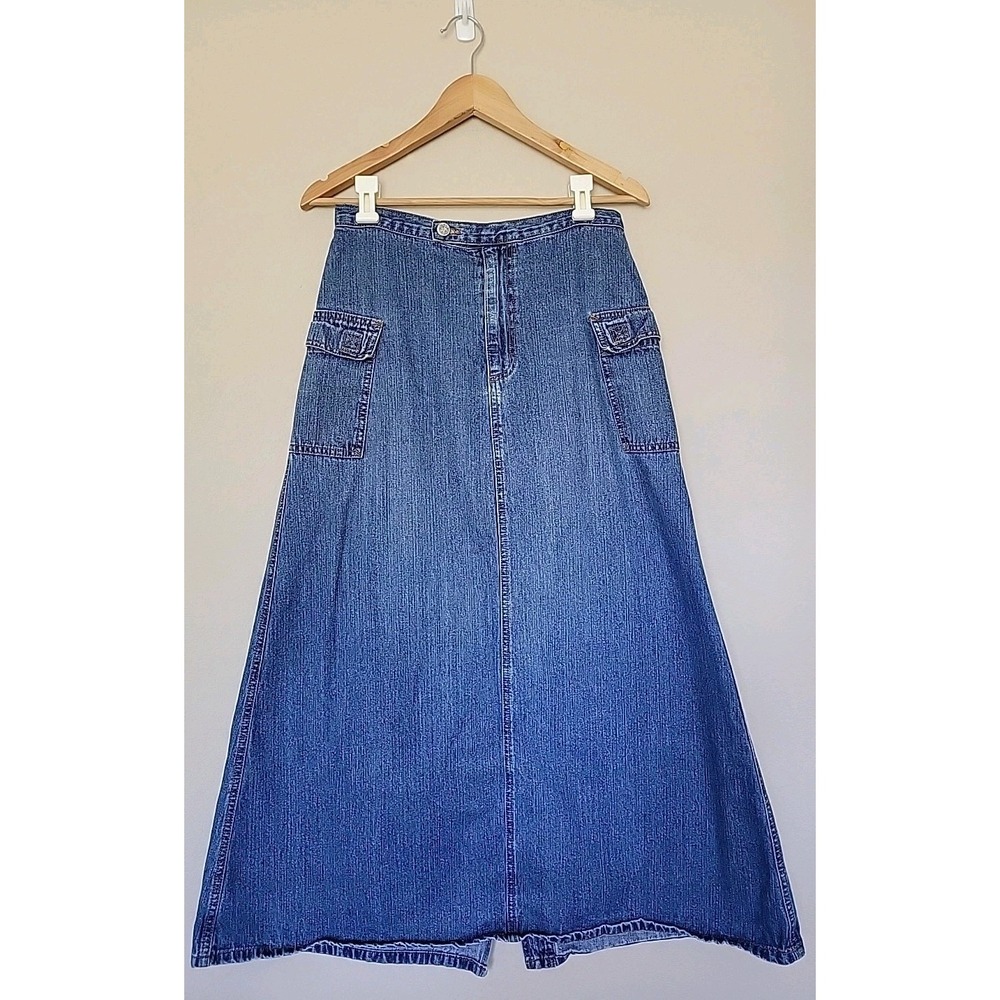 Vintage 579 Cargo Denim Jean Midi Skirt Womens Size 7 Cotton 90s Y2K Fairy Cyber